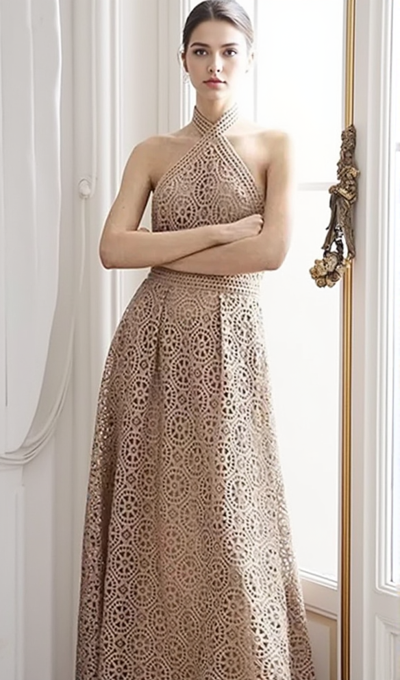 MAKRAMEE-NECKHOLDER-MIDIKLEID AUS BAUMWOLLMISCHUNG IN NUDE