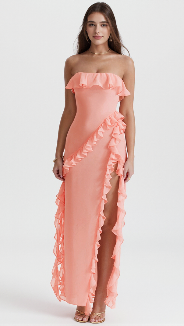 AIIZIE STRAPLESS RUFFLE MAXI DRESS IN PINK - product image