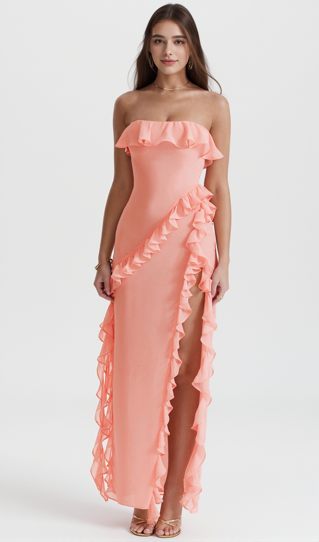 STRAPLESS RUFFLE MAXI DRESS IN PINK