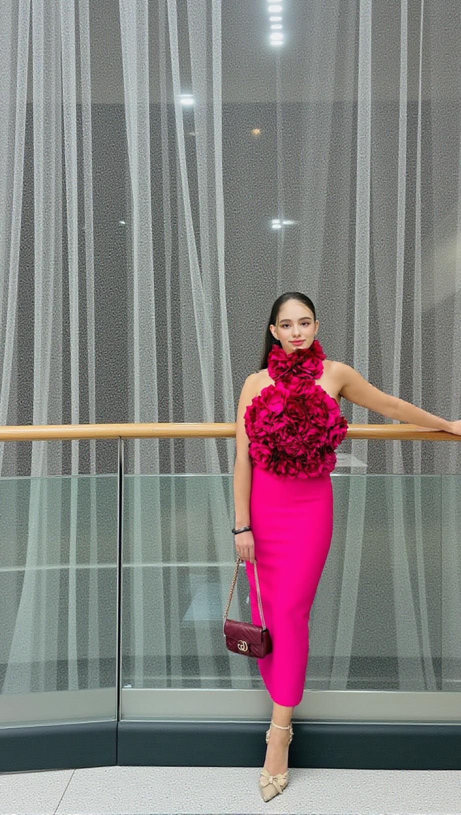 ABITO MIDI CON FASCE A FIORI ROSA SCURO