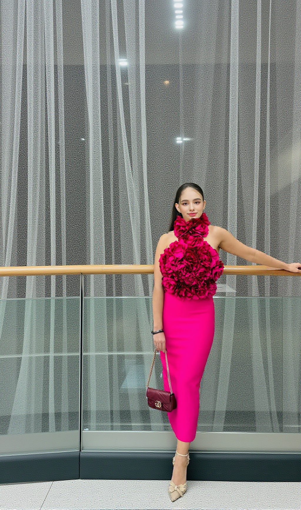 ABITO MIDI CON FASCE A FIORI ROSA SCURO