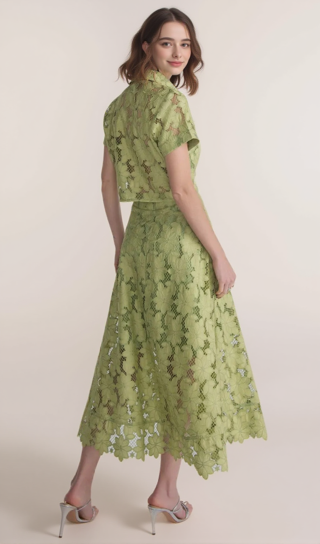 guipure mesh midi skirt cropped set in green