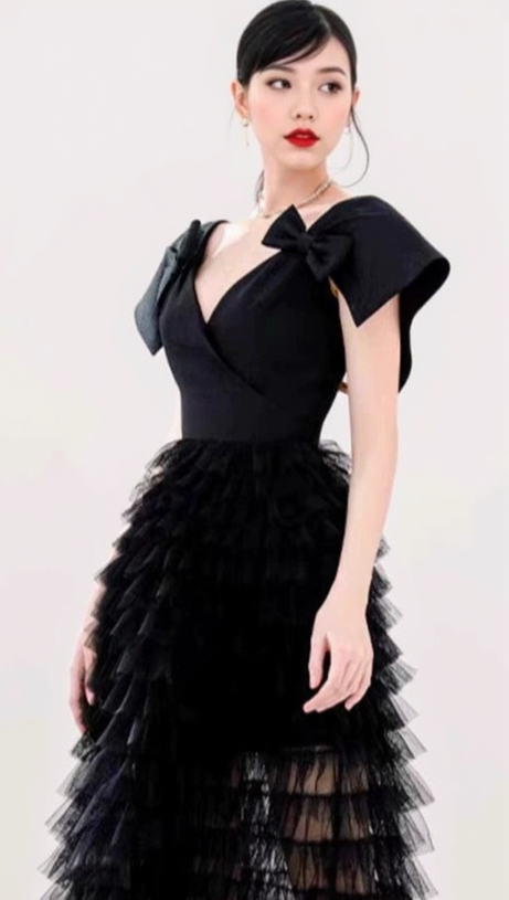 V NECK MESH RUFFLES PATCHWORK BOWKNOT MIDI DRESS