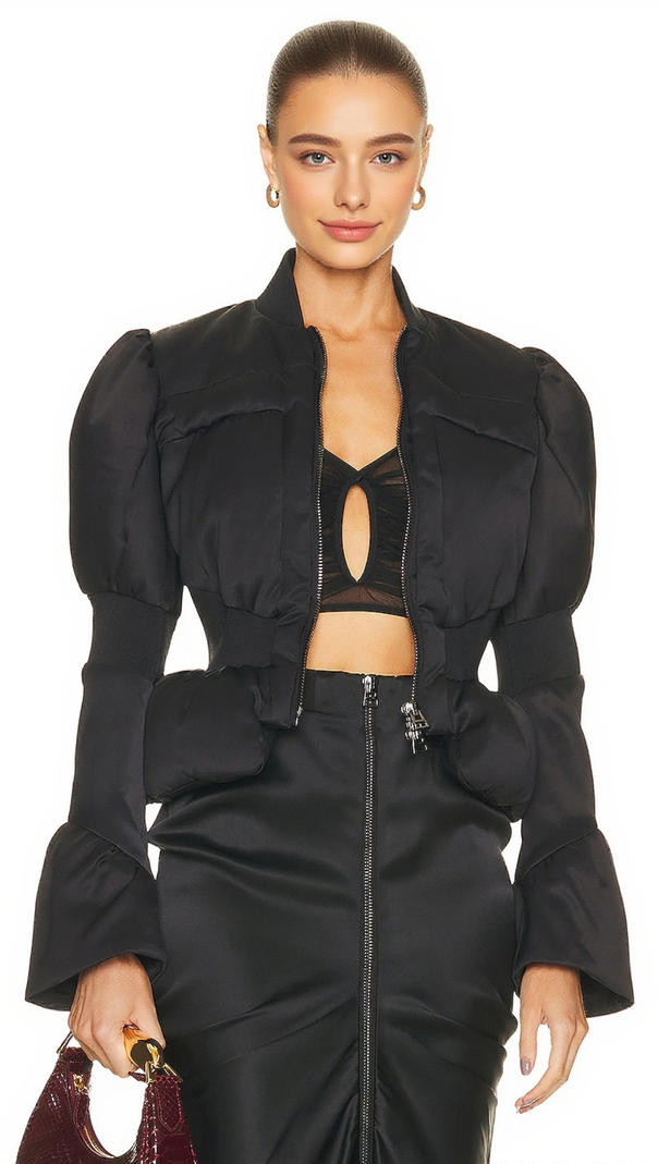 AIIZIE OLIVE PADDED SATIN PEPLUM JACKET - product image