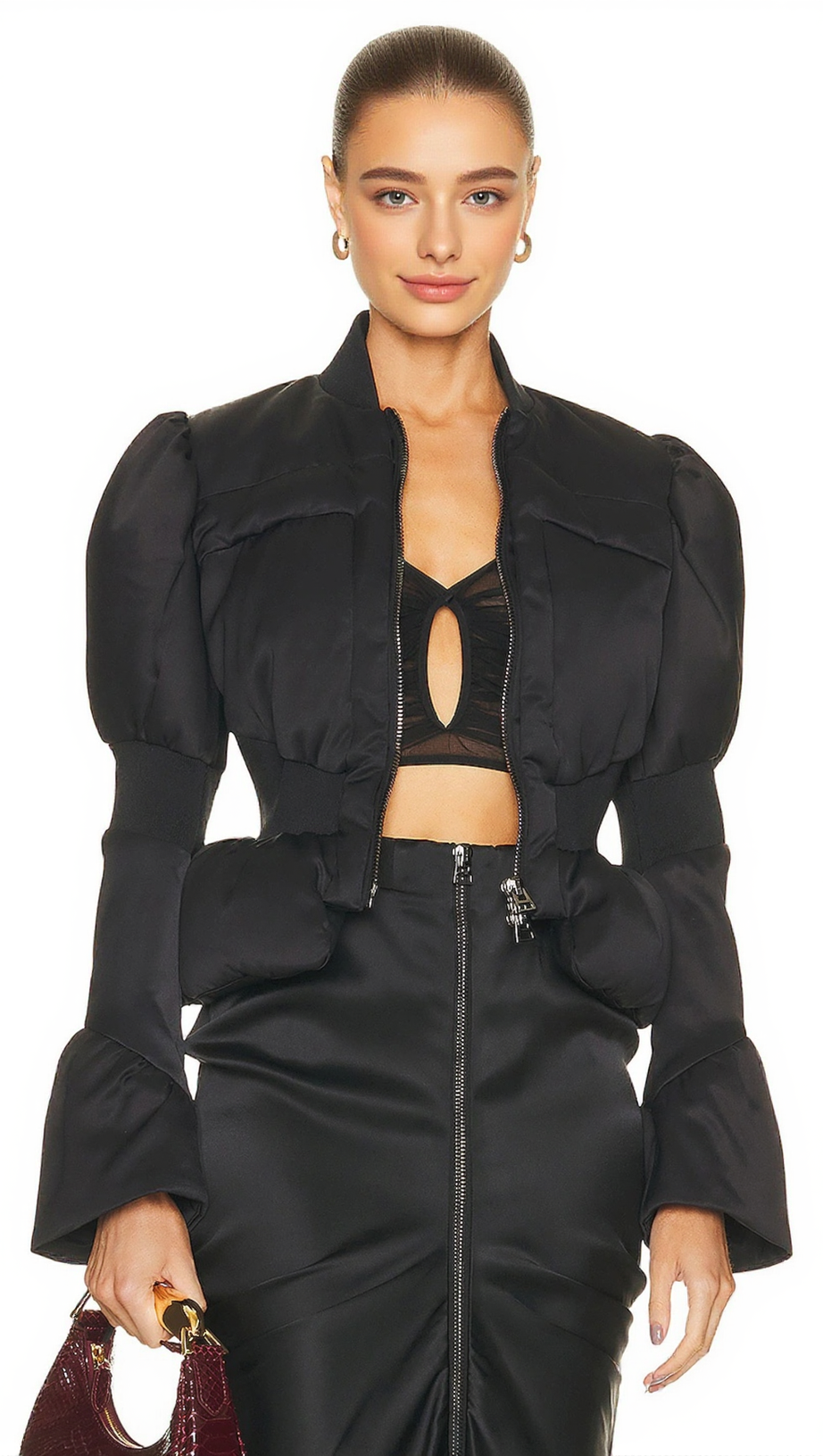 OLIVE PADDED SATIN PEPLUM JACKET