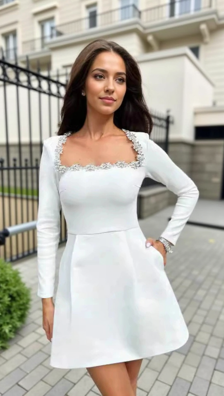 JEWEL-EMBELLISHED TRIM MINI DRESS IN WHITE