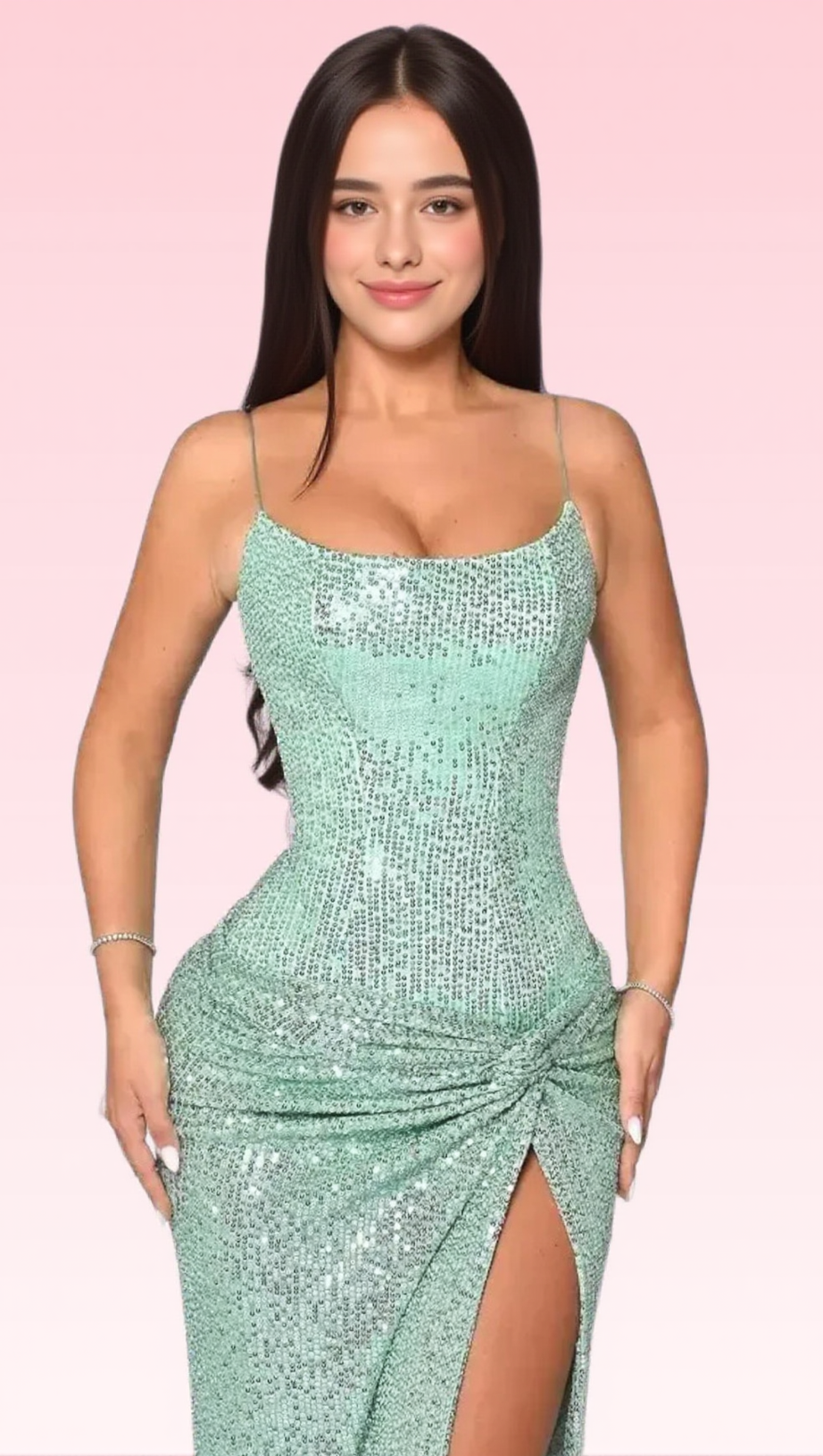 SEQUIN RUCHED HIGH SLIT MAXI DRESS IN GREEN