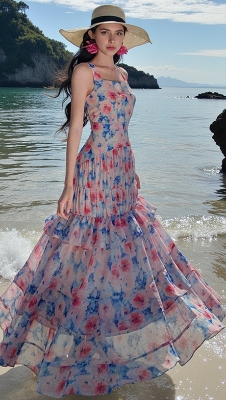 FLORAL PRINT RUFFLE TRIM MAXI DRESS IN ROSE