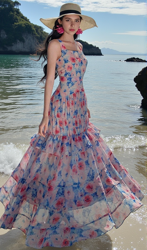 FLORAL PRINT RUFFLE TRIM MAXI DRESS IN ROSE