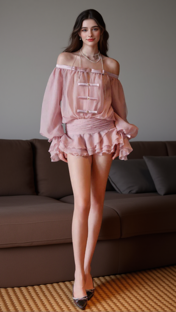 AIIZIE PUFF SLEEVE STRAPLESS MINI DRESS IN MISTY PINK - product image