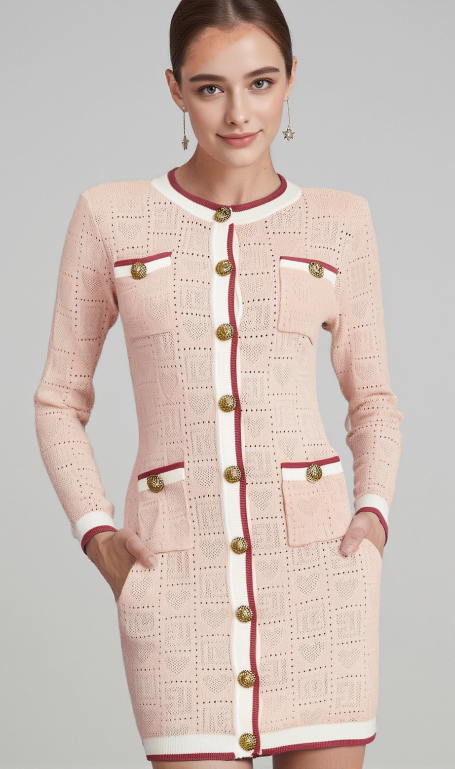 Mini abito rosa a maniche lunghe in maglia fantasia Karine 