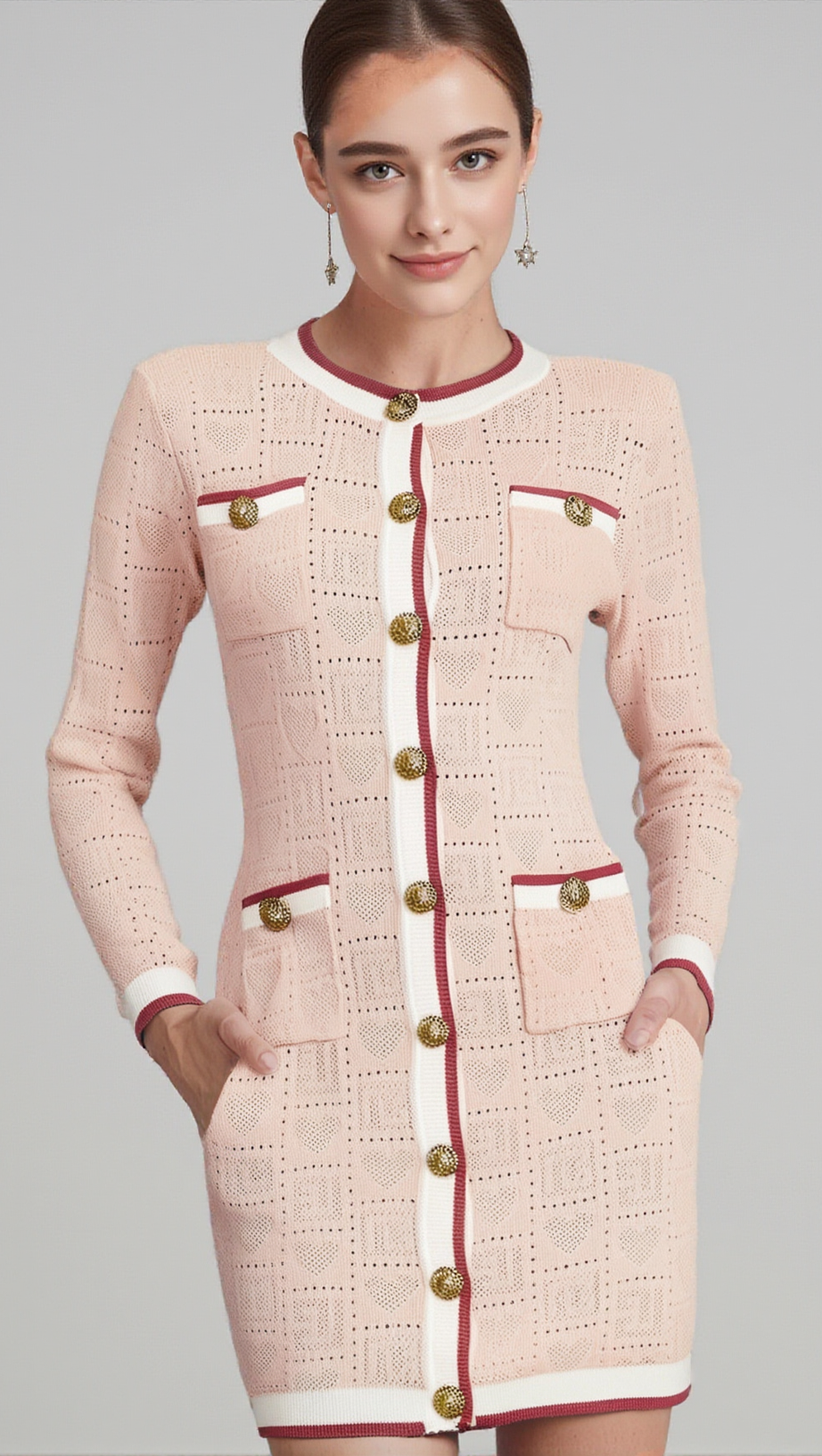 Karine rosa langärmliges gemustertes Strick-Minikleid 