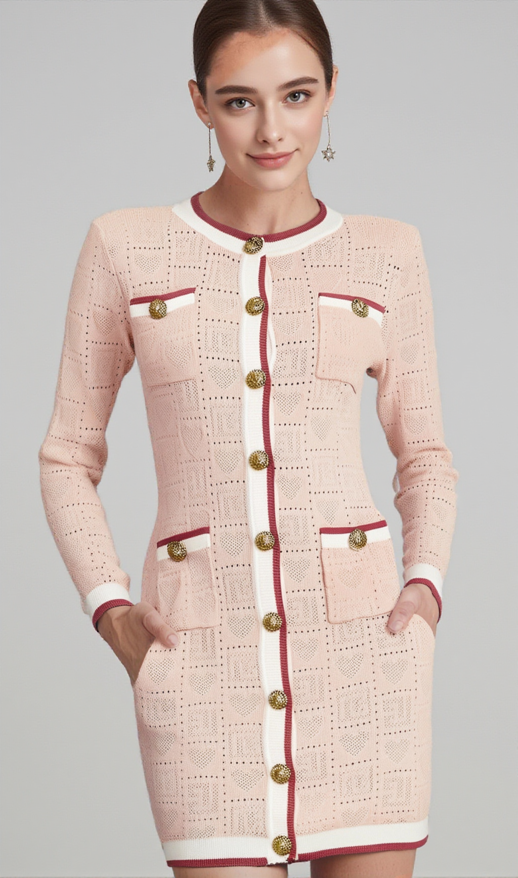 KARINE PINK LONG-SLEEVE PATTERNED-KNIT MINI DRESS