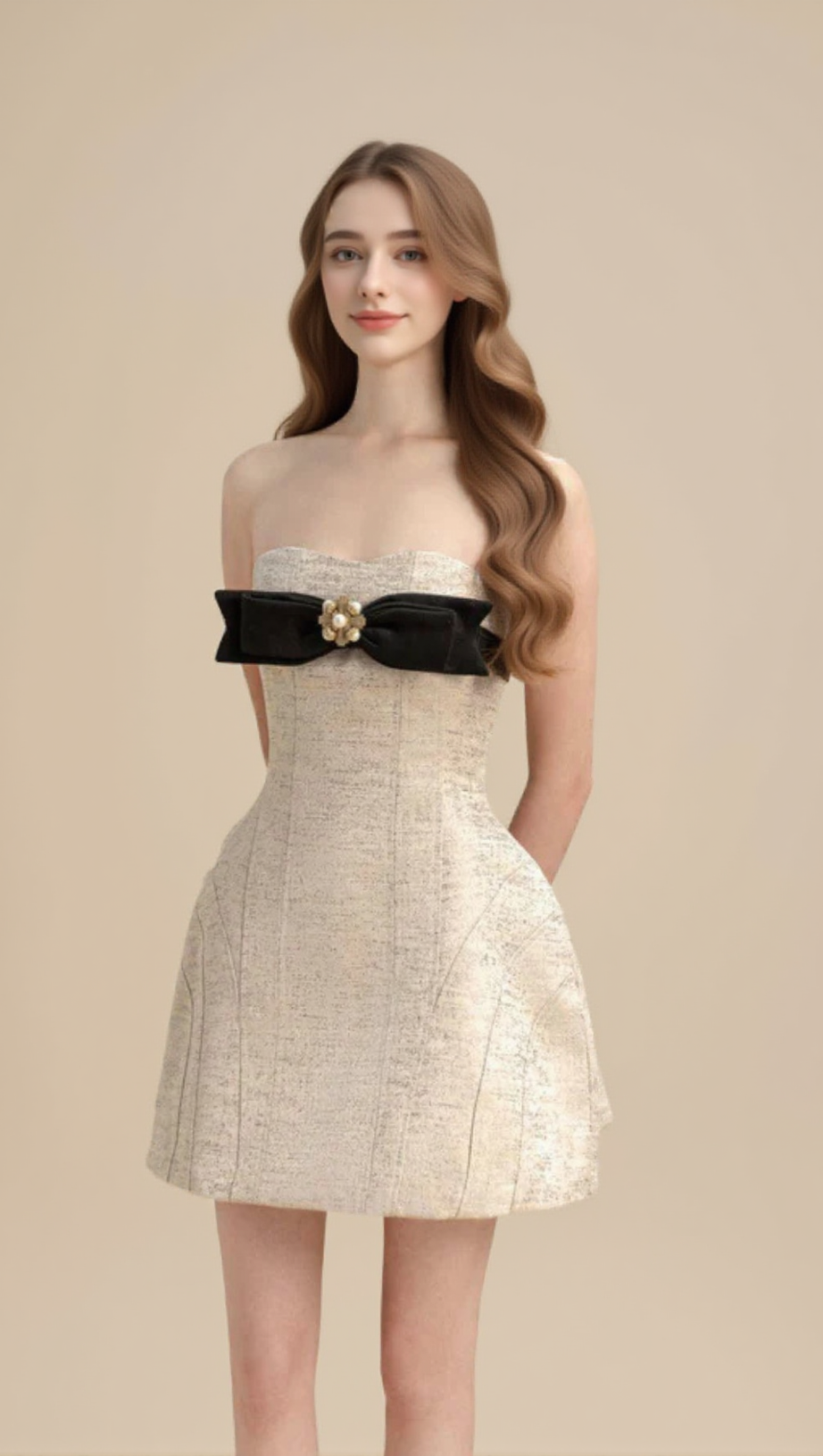 TINA STRAPLESS BOW JACQUARD MINI DRESS IN PINK BEIGE