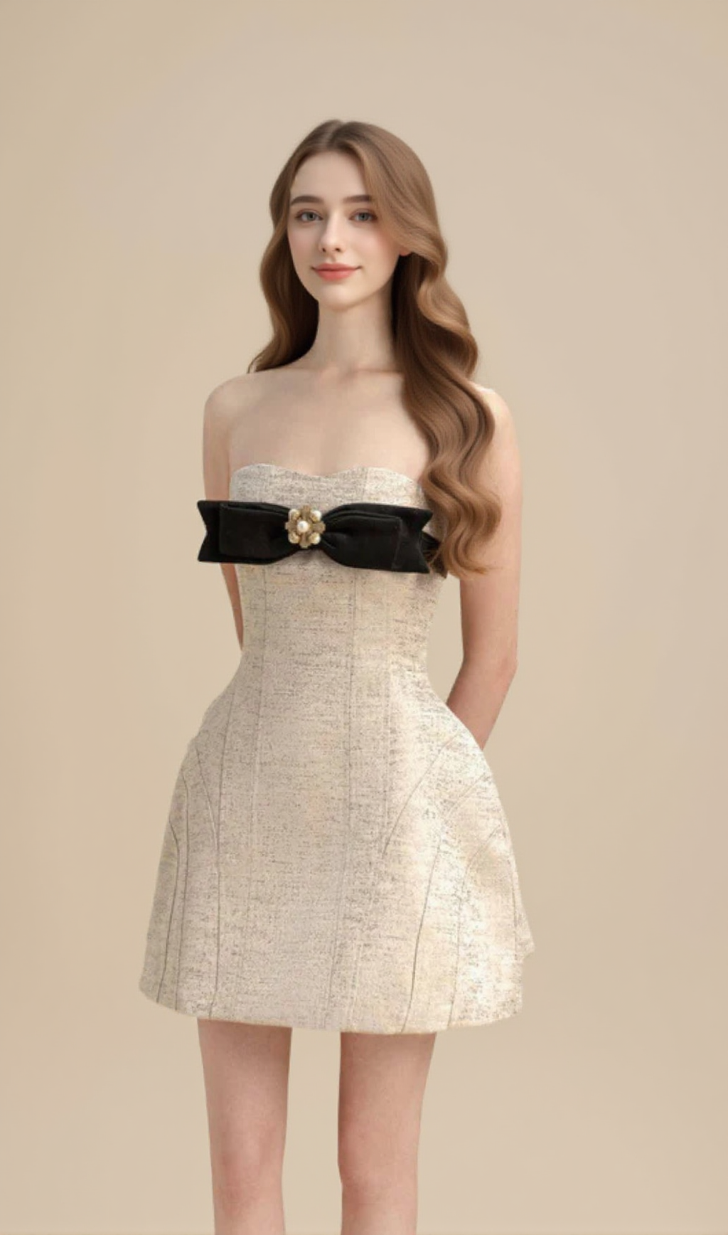 TINA STRAPLESS BOW JACQUARD MINI DRESS IN PINK BEIGE