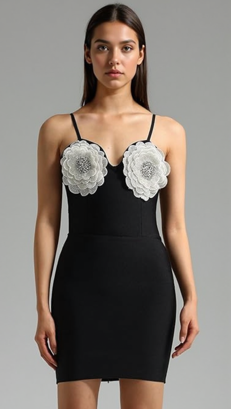 MINI ABITO NERO CON APPLICAZIONI FLOREALI E CRISTALLI