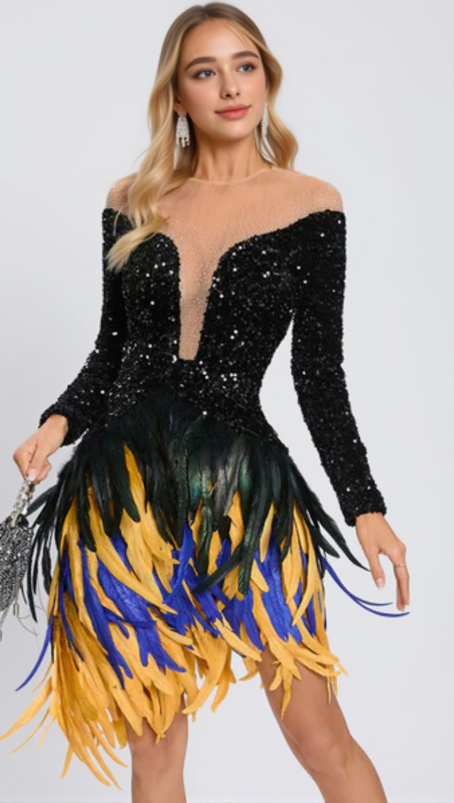FEATHER EMBELLISHED SEQUIN MINI DRESS IN BLACK – AIIZIE