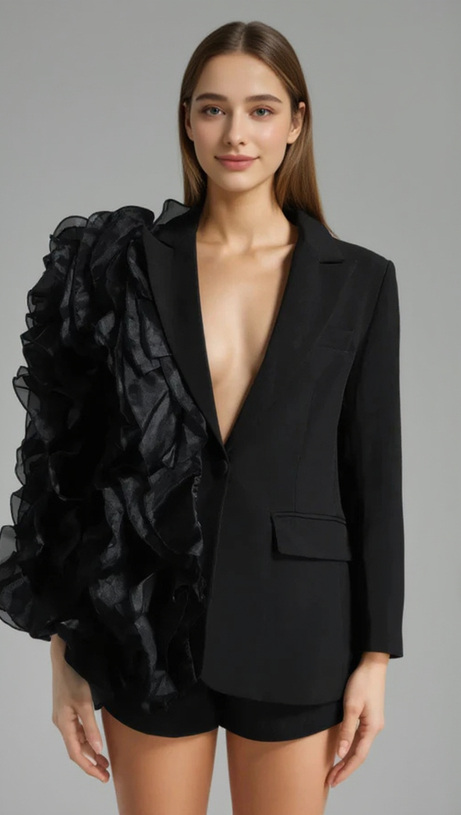 PATCHWORK RUFFLES CHIC BLAZER IN BLACK