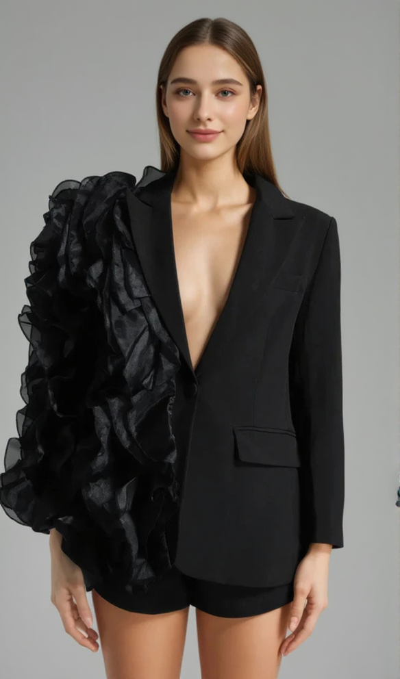 PATCHWORK RUFFLES CHIC BLAZER IN BLACK