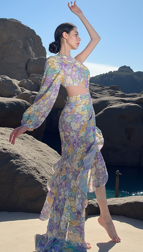 ABITO MIDI ASIMMETRICO CON MANICA MONOSPALLA E VOLANT