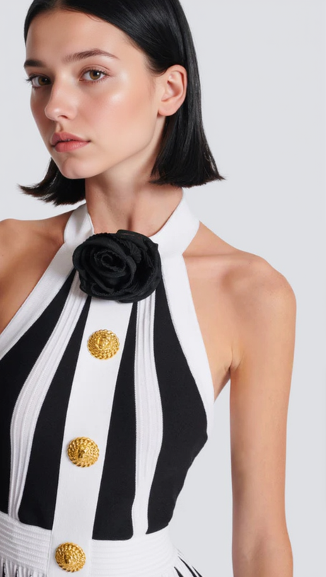 FLORAL-APPLIQUÉ PLEATED KNIT MINI DRESS