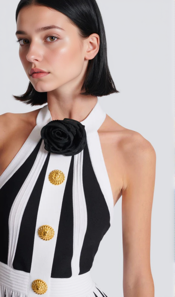 FLORAL-APPLIQUÉ PLEATED KNIT MINI DRESS