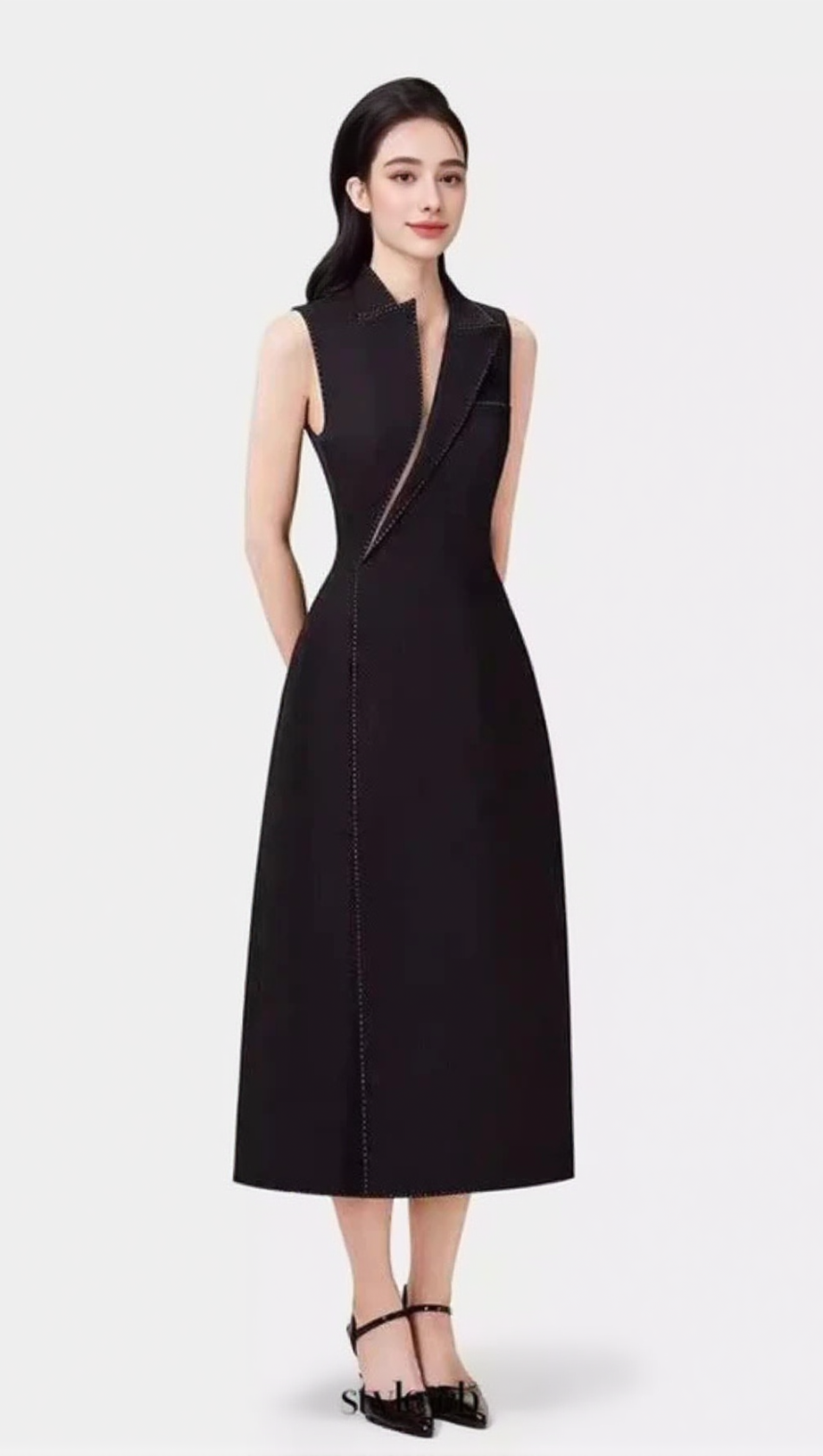 ASYMMETRIC COLLAR BLAZER MIDI DRESS IN BLACK