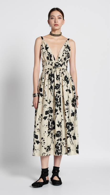 V NECK FLORAL PRINTED MINI DRESS IN WHITE