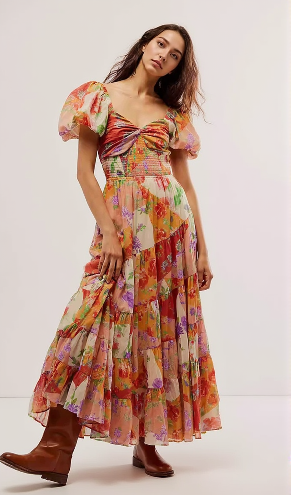 PUFF SLEEVE FLORAL PRINTED MAXI DRESS