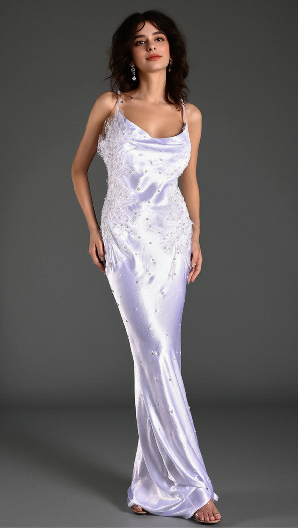 AIIZIE WHITE ALANIDES BEAD APPLIQUE SATIN DRESS - product image