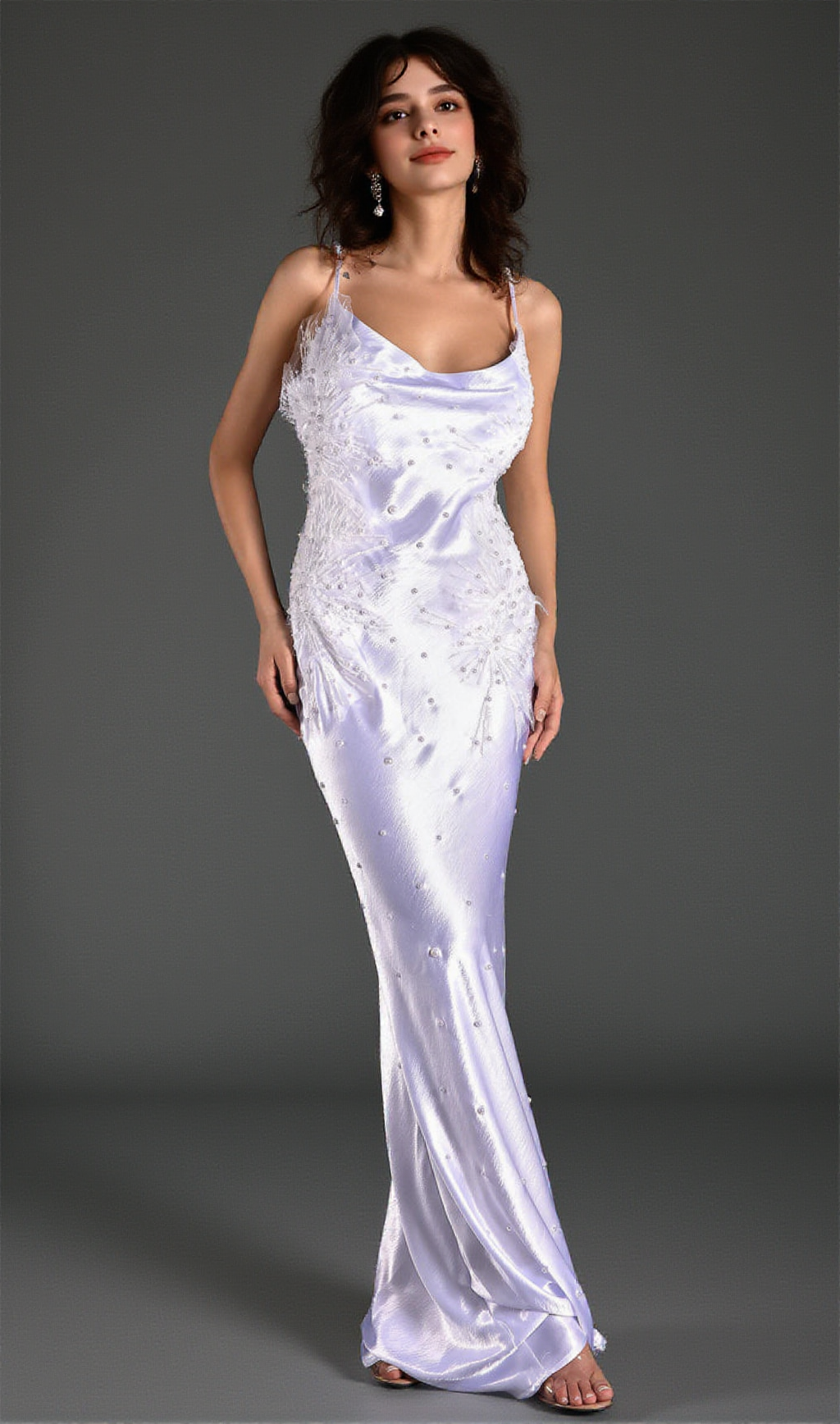 WHITE ALANIDES BEAD APPLIQUE SATIN DRESS
