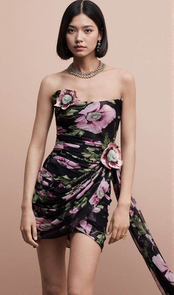 FLORAL PRINTED STRAPLESS DRAPED MINI DRESS