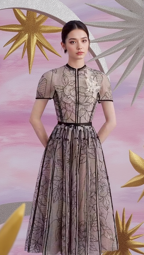 ARIYA EMBROIDERY LACE MIDI DRESS