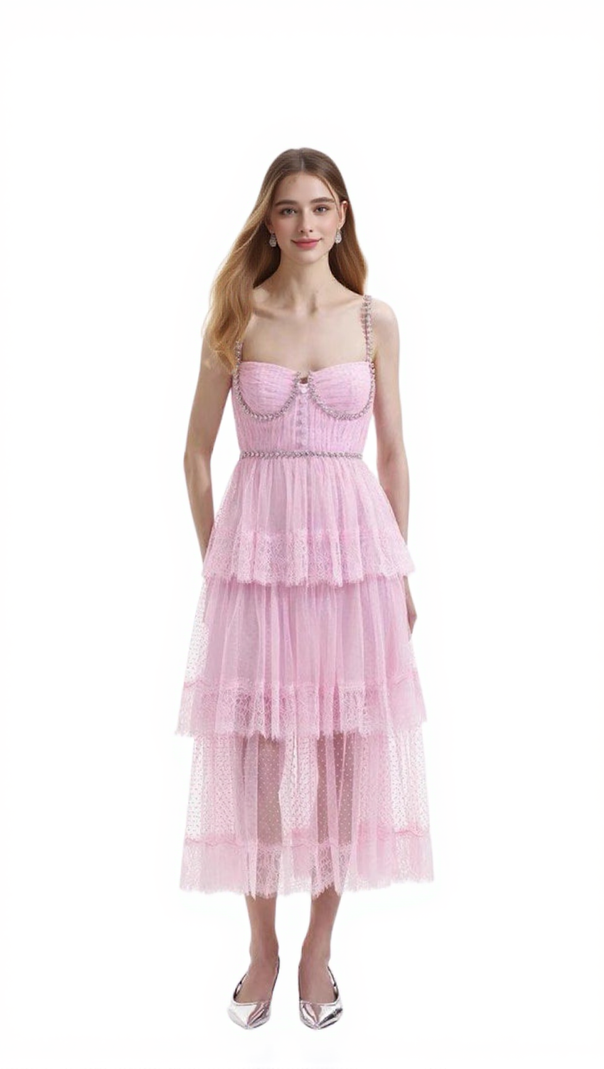 AIIZIE ELGINE CRYSTAL-EMBELLISHED LACE-TRIMMED MIDI DRESS - product image