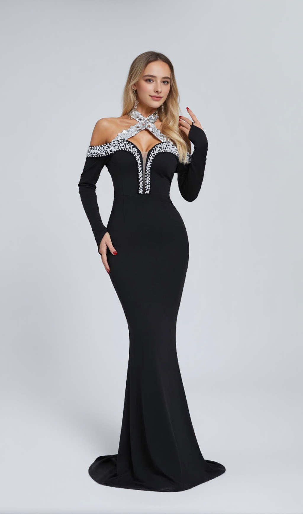 HALTER PEARL CRYSTAL-TRIM GOWN IN BLACK