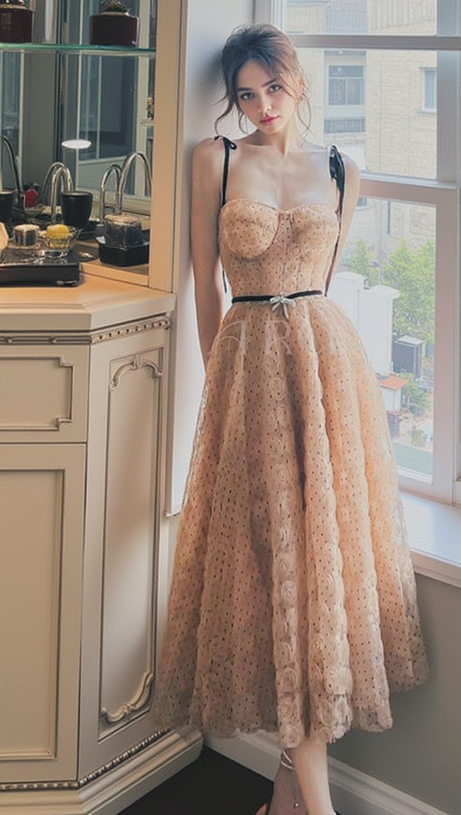 FLOWER MESH DOT MIDI DRESS IN PALE ORANGE