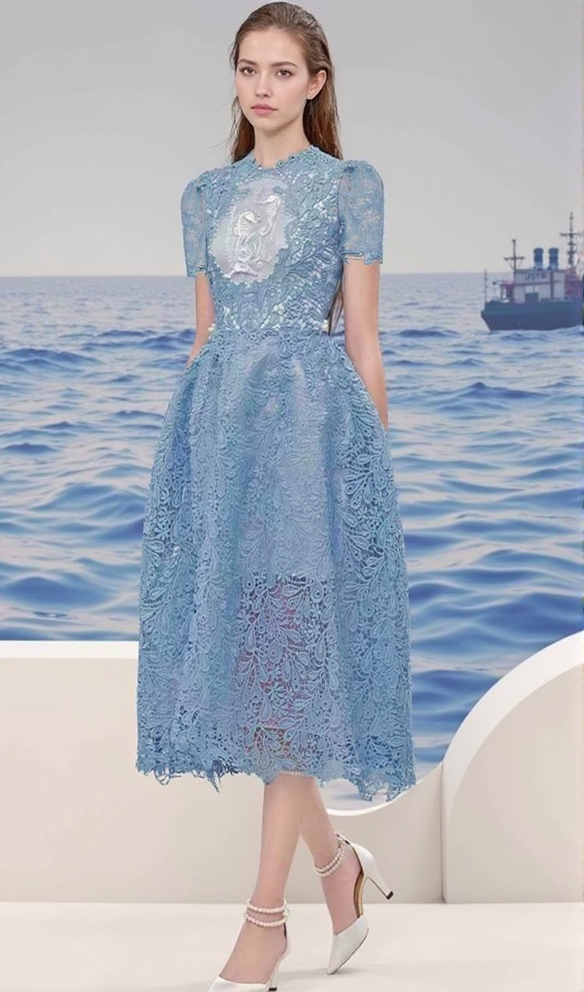 AIIZIE ARAFA BLUE EMBROIDERY MIDI DRESS - product image