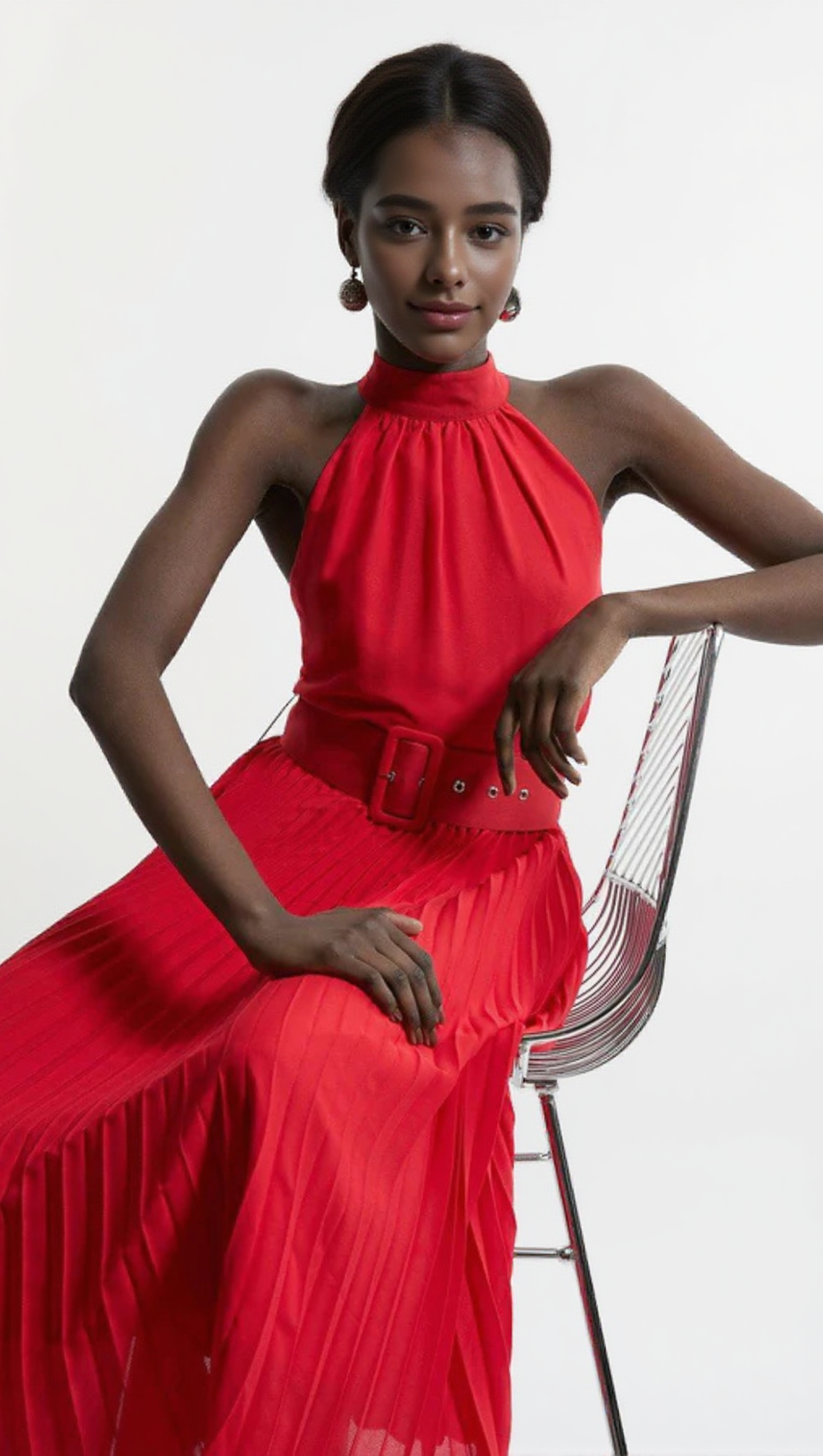 GEORGETTE BELTED PLEAT HALTER WOVEN MIDI DRESS