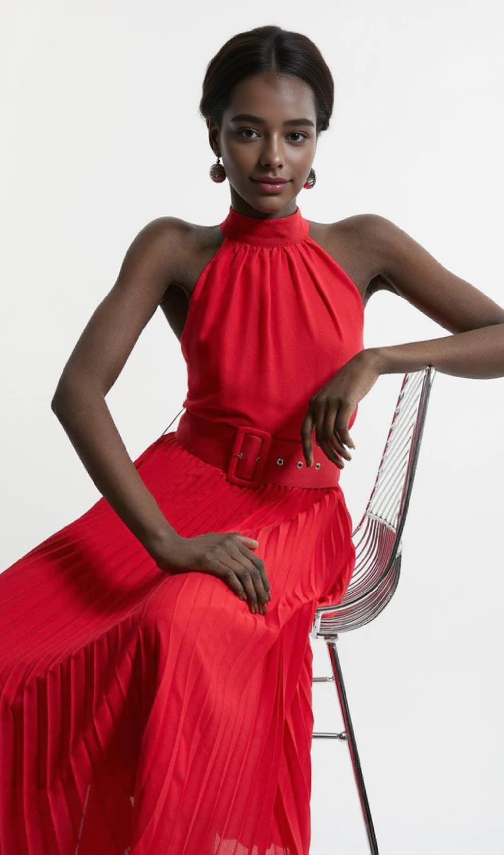 GEORGETTE BELTED PLEAT HALTER WOVEN MIDI DRESS