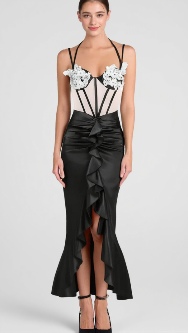 AIIZIE BEULAH BLACK SATIN CORSET SEQUIN WING CUP DRESS - product image