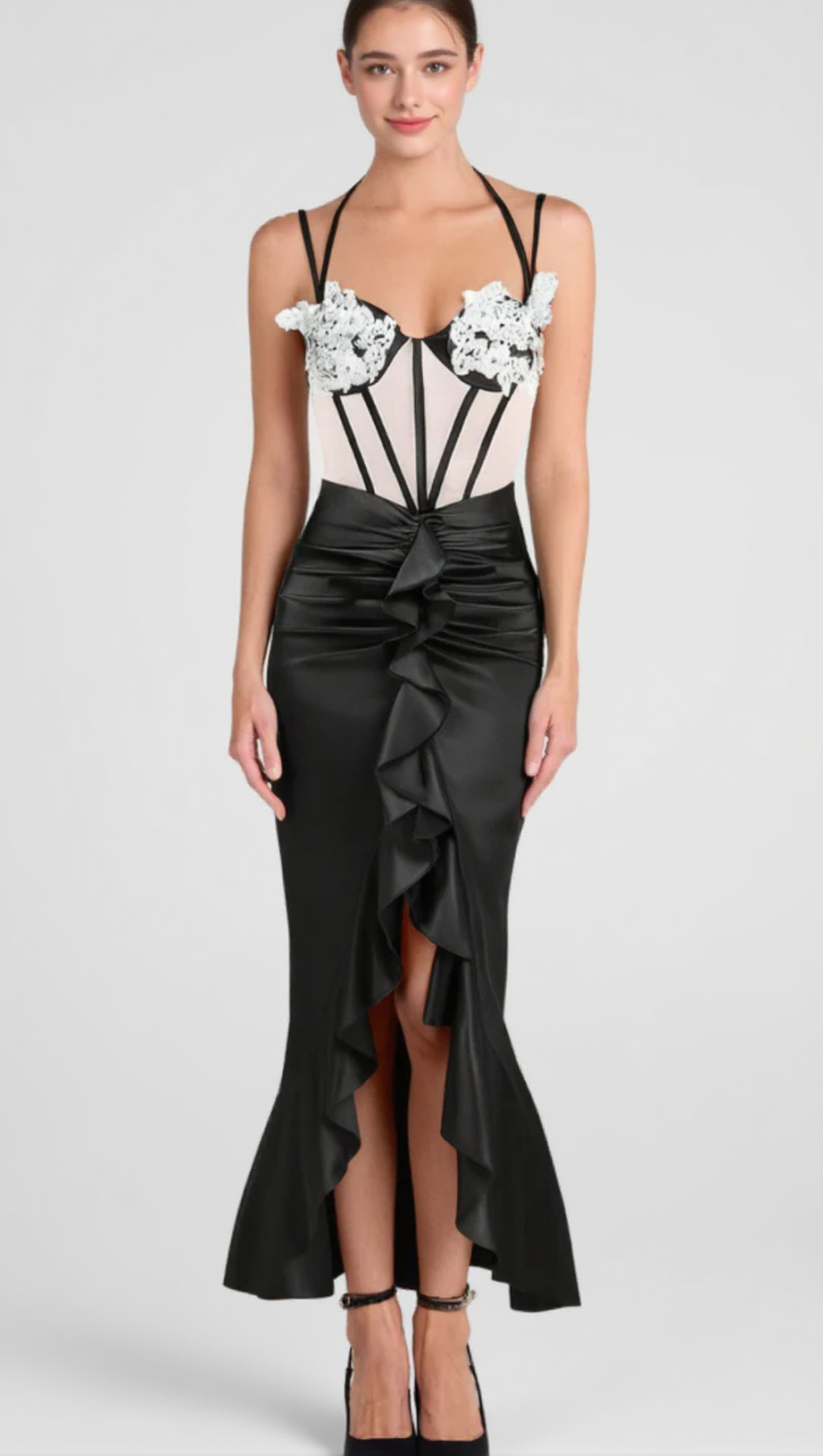 BEULAH BLACK SATIN CORSET SEQUIN WING CUP DRESS