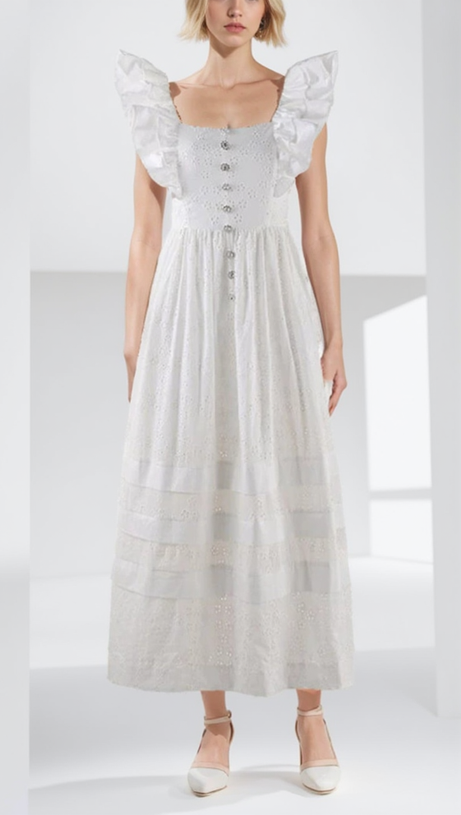 SQUARE COLLAR LACE MESH MAXI DRESS IN WHITE