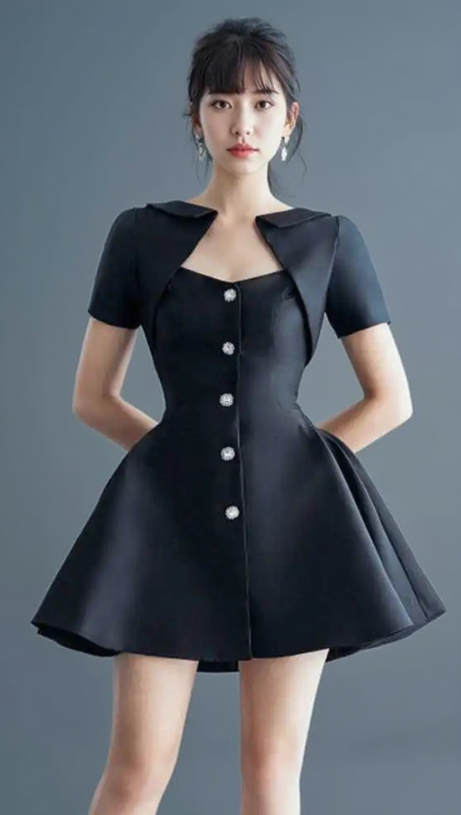 DIAMOND BUTTONED SATIN MINI DRESS IN BLACK
