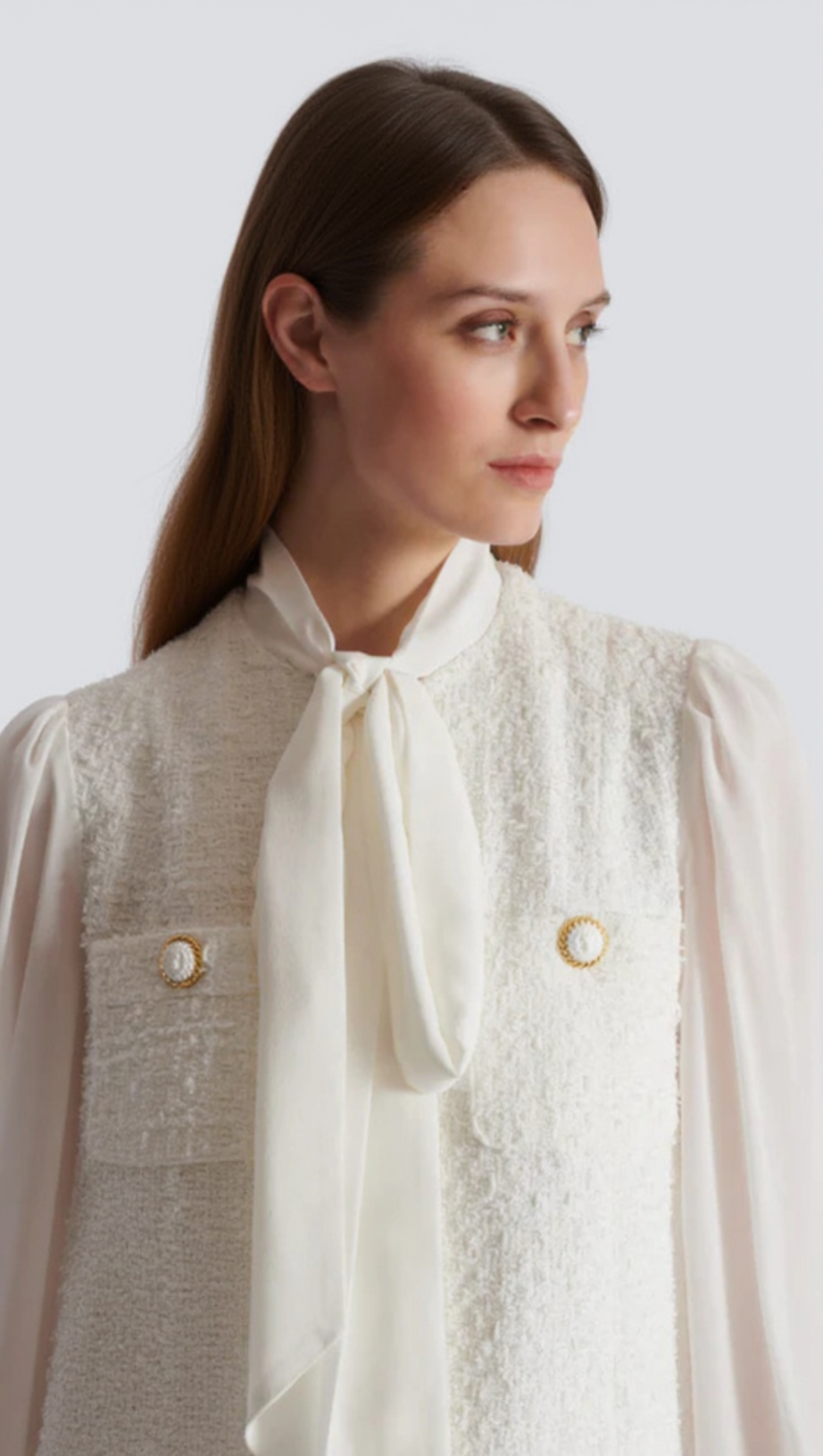 TWEED MINI DRESS WITH PUSSY-BOW COLLAR IN WHITE