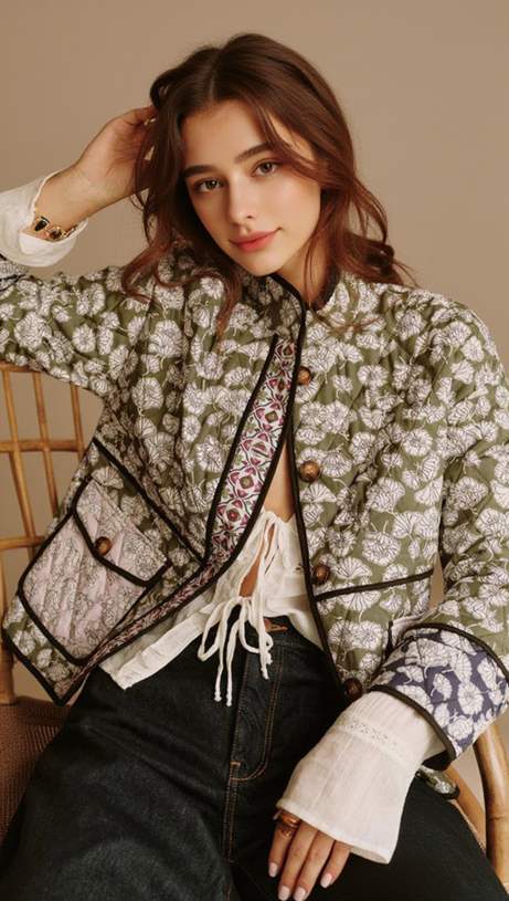 MULTICOLOR FLORAL POCKET QUILTED COAT