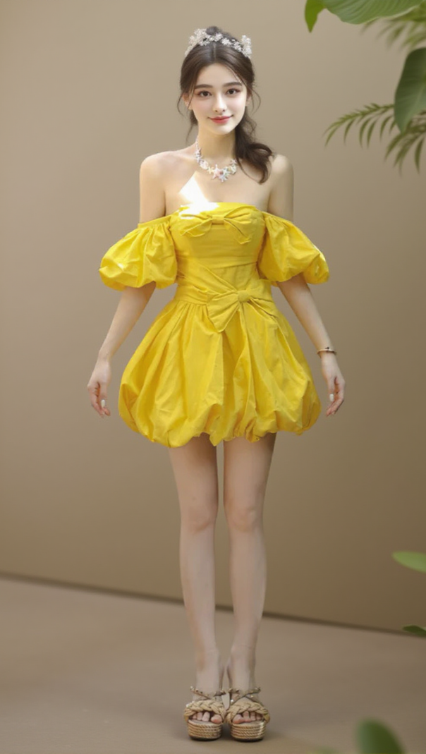 AIIZIE BONNIE PUFF STRAPLESS MINI DRESS IN YELLOW - product image