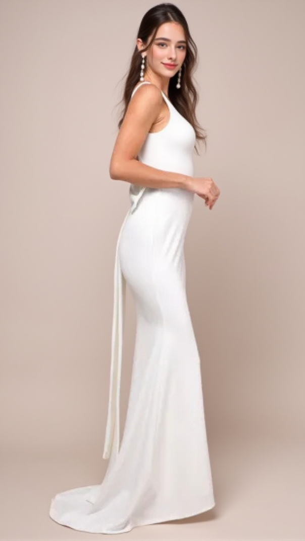 AIIZIE WHITE BOW SQUARE NECK BACKLESS MAXI DRESS - product image