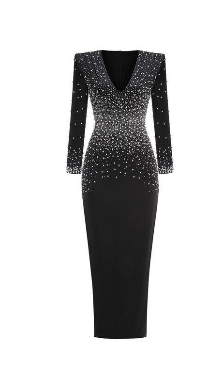 pearl embellished v-neck maxi dress in black