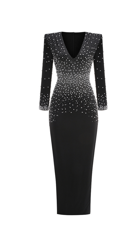 Perlenverziertes Maxikleid mit V-Ausschnitt in Schwarz