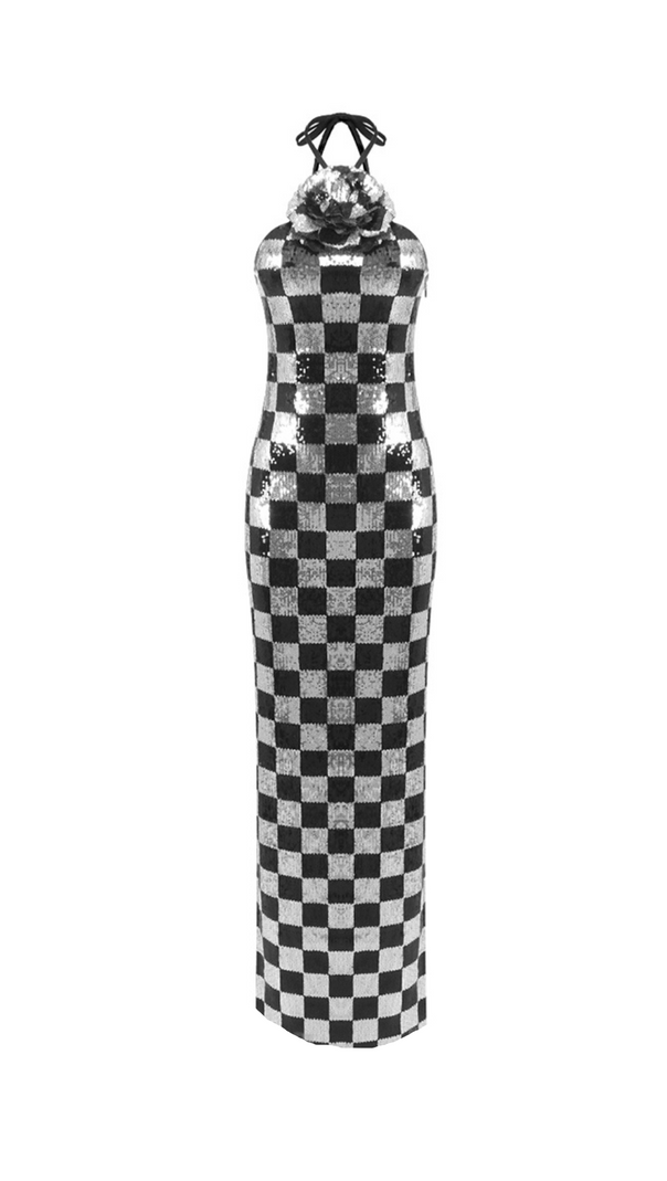 AIIZIE CHECKERBOARD SEQUIN HALTER GOWN WITH FLOWER - product image